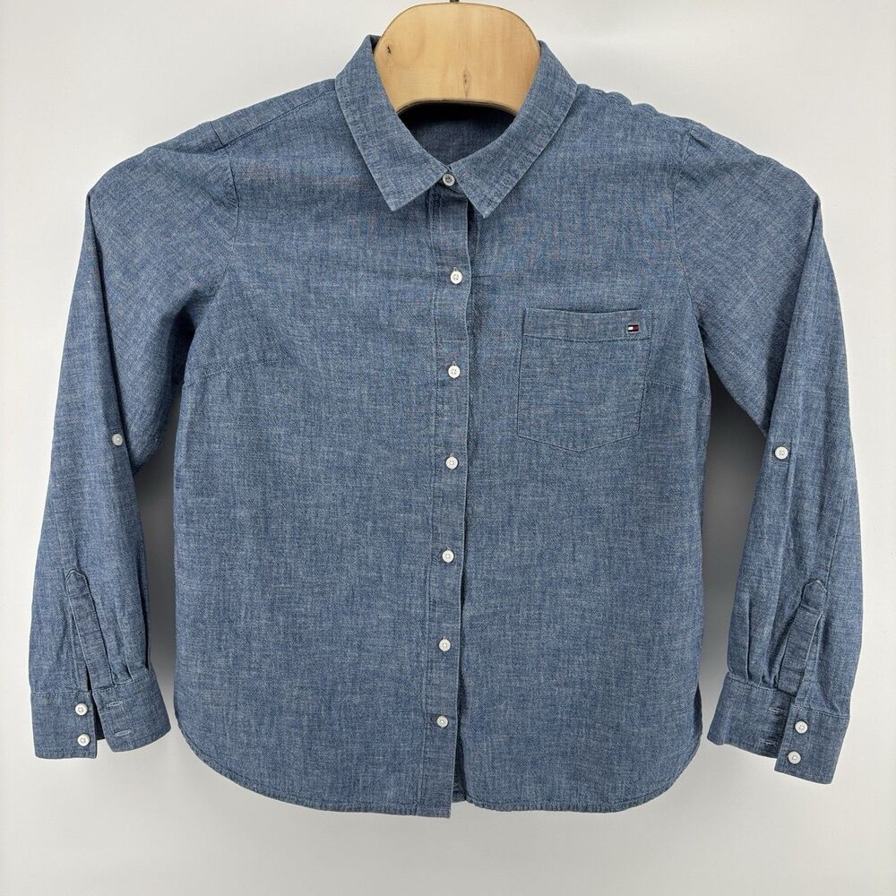 Tommy Hilfiger Women’s L/G Chambray Button Down 100% Cotton Blue Roll Tab